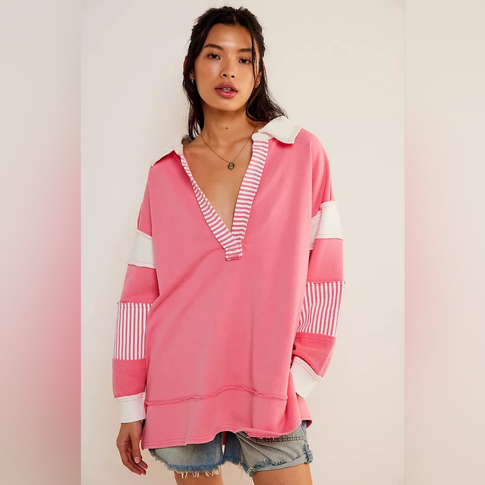 FREE PEOPLE We The Free Clean Prep Polo Top PINK extra small WORN ONCE EXCELLENT